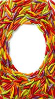 Colorful hot chili peppers arranged in oval frame with white center space, featuring red, yellow, orange, and purple varieties for food and culinary design projects.