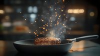 Juicy steak sizzling in pan with rising steam and flying spices, dramatic dark food photography with bokeh lights and smoke effect in restaurant setting.