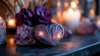 Romantic heart-shaped jewelry box with crystals and candles creating warm ambiance for Valentine's Day, anniversary celebrations, and love-themed occasions.