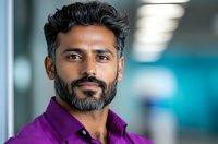 Confident middle eastern businessman in purple polo shirt with beard and styled hair against blurred office background, professional corporate portrait.
