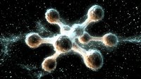 Glowing molecular structure with energy connections against starry background, scientific concept showing atomic bonds and chemical reactions in space.
