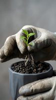 Hands in beige gardening gloves holding small potted seedling with green leaves and visible roots over soil-filled container, symbolizing growth, nurturing, and environmental care.