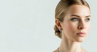 Young Caucasian woman with blonde hair styled in a low bun, fair complexion, and blue eyes looking at camera against neutral background for skincare and beauty campaigns.