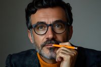 Middle-aged Hispanic businessman with glasses and salt-pepper beard wearing orange turtleneck sweater holds yellow pencil thoughtfully against dark background.