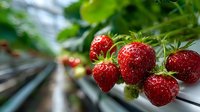 Fresh ripe strawberries growing on plant in greenhouse with green leaves and blurred agricultural background for organic farming concepts.