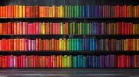 Colorful rainbow arrangement of books on wooden shelves against dark wall, perfect for education, library, or knowledge concepts. Creative spectrum display for learning backgrounds.