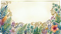 Watercolor tropical floral frame with gold swirls, lush green leaves, hibiscus, and berries on a light background with copy space.