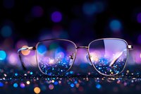 Trendy metal frame glasses on dark surface with magical bokeh lights and glitter creating dreamy atmosphere. Modern eyewear against blurred purple and blue background.