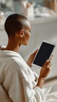 African American woman with short hair in bathrobe using digital tablet at home. Elegant profile view captures morning self-care routine in soft natural light.