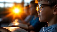 Young boy wearing glasses gazes thoughtfully at golden sunset light through window, profile view shows peaceful expression and contemplative moment during quiet reading time.