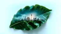 Modern city skyline with tall skyscrapers and urban architecture creatively framed inside green tropical leaf shape against blue sky background, environmental concept.