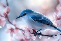 Blue songbird perched on blooming cherry branch with water drops, soft pink petals and bokeh background create dreamy spring atmosphere.