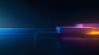 Futuristic abstract background with glowing neon lines and geometric shapes in blue, purple and orange colors on dark backdrop, modern minimalist design for tech presentations.