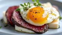 Juicy medium rare roast beef slices topped with sunny side up egg and cheese on plate garnished with fresh herbs and black pepper, close up macro shot.