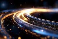 Glowing curved light trail with sparkling particles and bokeh effects against dark background creates magical atmosphere for festive designs and celebrations.