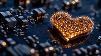Glowing heart-shaped circuit board pattern with golden lights and electronic components against dark background, representing digital love and technology.