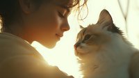 Young Asian woman sharing a tender moment with a fluffy white cat in warm golden sunlight, evoking love, bond, and pet care.