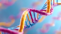 Colorful DNA double helix structure with pink and orange strands against blue background, illustrating genetic science and biotechnology research.