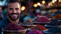 Bearded Caucasian man smiling at traditional spice market with colorful dried berries and seasonings in wooden bowls against blurred bokeh evening lights background.