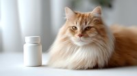Fluffy ginger cat lying near white medicine bottle on light background. Close up portrait of long-haired feline pet in minimalist veterinary setting.