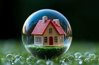 Miniature house with red roof inside glass bubble on moss surface surrounded by water droplets, symbolizing real estate protection and environmental housing.