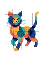 Colorful geometric cat illustration with abstract shapes and vibrant colors on white background. Modern artistic design for creative projects and branding.