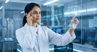 Female scientist in white lab coat using digital interface technology in modern laboratory for research and data analysis.