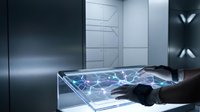 Futuristic holographic display with network connections emerging from transparent glass device held by hand in modern tech environment.