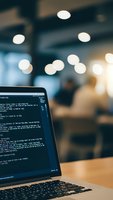 Laptop displaying programming code on screen in modern office environment with bokeh lights creating atmospheric workspace for software development.