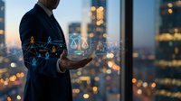 Professional businessman holding digital justice scales hologram with legal network icons in modern office overlooking city skyline at dusk for law technology.