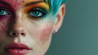 Young woman with vibrant colorful makeup featuring rainbow eyeshadow and glitter face art for creative beauty and fashion concepts.