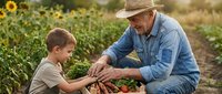Grandfather and grandson harvesting fresh vegetables together in organic garden during golden hour sunset creating heartwarming family farming moment.