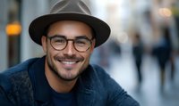Young Hispanic man with glasses and fedora hat smiling confidently at camera. Casual urban portrait with natural bokeh background showing genuine happiness and modern lifestyle.