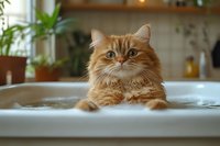 Adorable orange tabby kitten sitting in white ceramic sink in cozy kitchen with plants and warm lighting for pet care and domestic life concepts.
