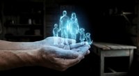 Holographic family figures floating above open hands representing life insurance protection and financial security for loved ones in futuristic digital concept.