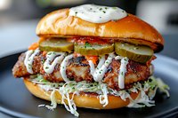 Crispy chicken sandwich with creamy sauce, shredded lettuce, pickles and tomatoes on golden brioche bun, drizzled with ranch dressing, close up view.