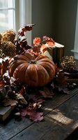 Autumn pumpkin centerpiece with fall leaves and pinecones on rustic wooden table by window creating cozy seasonal home decor for thanksgiving harvest celebration.