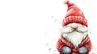 Watercolor Nordic gnome in red winter outfit with white beard and mittens surrounded by delicate snowflakes on white background, festive holiday character.