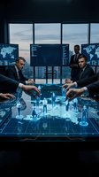 Business executives using holographic technology in modern conference room with digital interface and global data visualization for corporate strategy.
