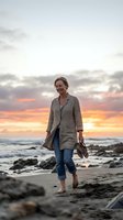 Mature woman with shoulder-length brown hair, Caucasian ethnicity, wearing casual linen cardigan and rolled denim jeans, walking barefoot on rocky beach at sunset holding shoes, golden hour coastal lifestyle portrait.