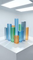 Colorful translucent glass cylinders arranged as data visualization bars on white pedestal in modern gallery space with overhead lighting.