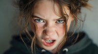 Young woman with messy hair and intense gaze showing emotional distress or anger, close-up portrait for mental health awareness campaigns.