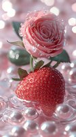 Fresh pink rose and ripe strawberry with water drops and pearl decorations on soft pink bokeh background, romantic food styling composition.