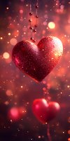 Glittering red heart ornament suspended with beaded string against dreamy bokeh background with floating hearts and magical sparkles in romantic atmosphere.