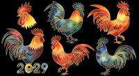 Colorful decorative roosters set with 2029 text, isolated on transparent background, ready for stickers, sublimation, t-shirt design, and print on demand clipart use.