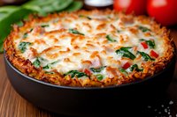 Homemade baked pasta casserole with melted mozzarella cheese, spinach and tomato sauce in cast iron skillet, close up view on wooden table background.