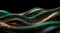 Elegant flowing waves in emerald green and gold with sparkling glitter particles create luxurious abstract background pattern for festive designs and celebrations.