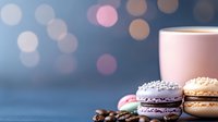 French macarons and coffee cup against blurred bokeh background with coffee beans, creating cozy atmosphere for cafe menu or food blog styling.