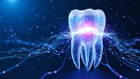 Futuristic digital tooth with glowing neon lights and network connections on dark blue background for dental technology and healthcare innovation concepts.