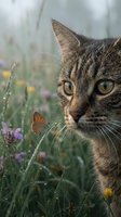 Tabby cat with striking green eyes observing a butterfly perched on wet grass and wildflowers in a misty garden setting. Wildlife and nature photography.